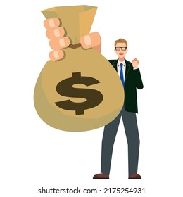 businessman with a big bag of money. He made a bag of dollars, a lot of money. Image of business and finance. Rich, stock options, early retirement.