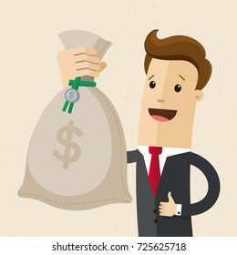 Businessman with big bag with money. Vector, illustration, flat