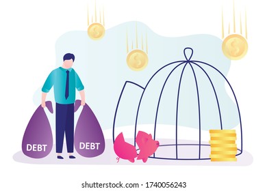 Businessman with big bags of debt. Economic crisis and bankruptcy concept. Handsome man with business problems. Financial troubles, debt trap. Male character in trendy style. Flat vector illustration