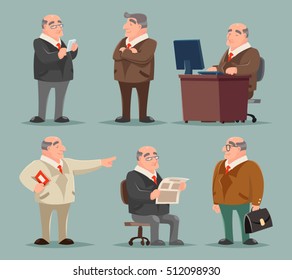 Businessman Big Boss Adult Old Man Character Cartoon Set Vector Illustration