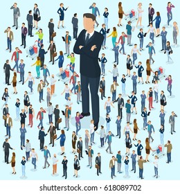 Businessman big boss leader office abstract with a background of isometric 3d flat design vector people different characters, styles and professions, full length diverse acting poses collection.