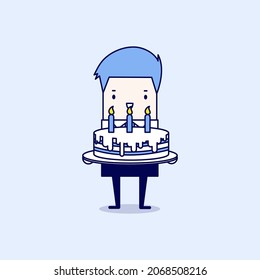 Businessman with a big cake. Cartoon character thin line style vector.