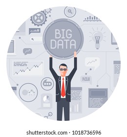 Businessman And Big Data Concept. Information Technologies. Circle Flat Illustration.