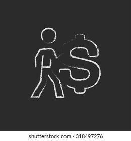 Businessman with a big dollar symbol hand drawn in chalk on a blackboard vector white icon isolated on a black background.