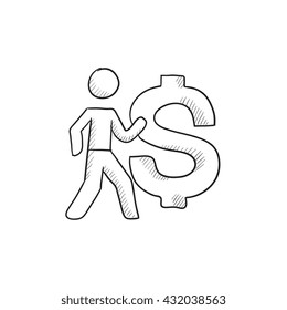 Empresario con un gran icono de dibujo vectorial en dólares aislado en segundo plano. Hand dibujó a Empresario con un ícono de dólar grande. Empresario con un gran icono de boceto para infografía, sitio web o aplicación.