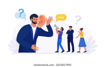 Businessman with big ear to hear people. Leader hearing voice of employees on meeting. Skill of boss to listen to advice, suggestions and opinions. Manager talking with customers, client feedback