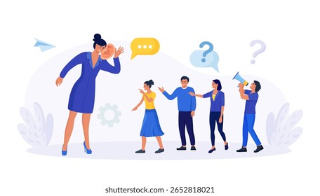 Businessman with big ear to hear people. Leader hearing voice of employees on meeting. Skill of boss to listen to advice, suggestions and opinions. Manager talking with customers, client feedback