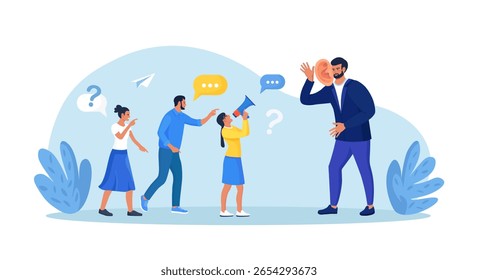Businessman with big ear to hear people. Leader hearing voice of employees on meeting. Skill of boss to listen to advice, suggestions and opinions. Manager talking with customers, client feedback