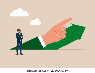Businessman and  big hand with pointing finger direction for successful. Confident handsome young man. Flat vector illustration