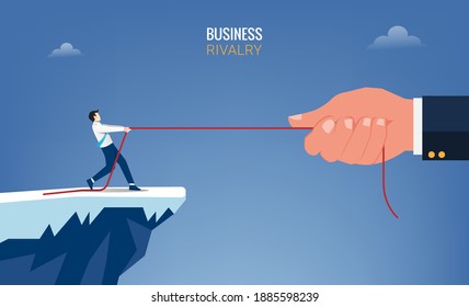 Empresario y gran mano tiran del concepto de cuerda. Ilustración vectorial de símbolo de rivalidad empresarial