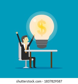 Businessman and big light bulb with money symbol. Vector design