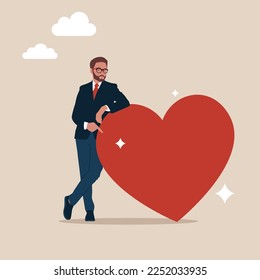 Businessman with big love. Brainstorming creative and work love. Flat vector illustration.