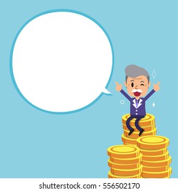 Businessman and big money stack with white speech bubble