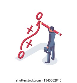 Businessman with big pencil has planned strategy. Business tactic. Businessman standing about clipboard showing scheme. Vector illustration isometric design 3d style. Presentation plan to achieve goal