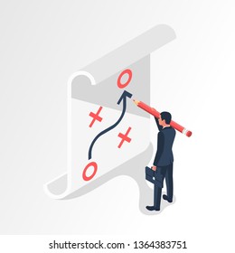 Businessman with big pencil has planned strategy. Business tactic. Businessman standing about clipboard showing scheme. Vector illustration isometric design 3d style. Presentation plan to achieve goal