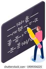 Businessman with big pencil planning strategy. Male character draws symbols on blackboard. Man stands about board showing scheme. Guy with pencil writes dashes. Guy draws isolated on white background