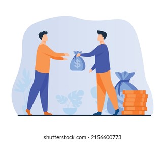 Businessman With Big Pile Of Money And Big Bags Gives Small Bag To Male Employee. Flat Vector In Modern 2022 Style. Boss Paying Salary To Office Worker. Take A Loan From A Bank. Stacks Of Coins. 