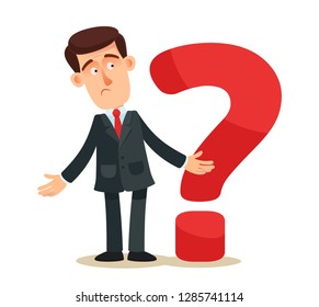 Businessman and big question mark, symbol. Confused man. Gesture oops. Sorry, i don't know, help desk. The man shrugs and spreads hands. Business illustration. Cartoon, flat, concept.