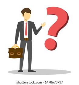 Businessman and big question mark vector isolated. Man think, search solution. Ask business people. Briefcase and suit. Huge ask mark.