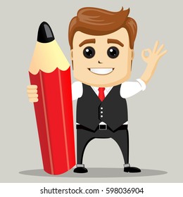 Businessman and big red pencil. Business man show Ok.