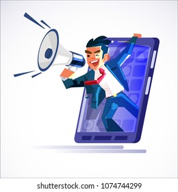 businessman in big smartphone shouting out with megaphone. online business announcement or presentation - vector illustration