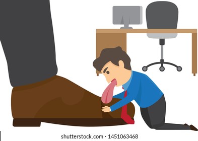 Businessman with big tongue licking huge boot of his boss groveling for successful career for grovel in business concept design. vector illustration.