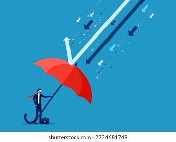 Businessman with big umbrella protects from crisis arrow attack 