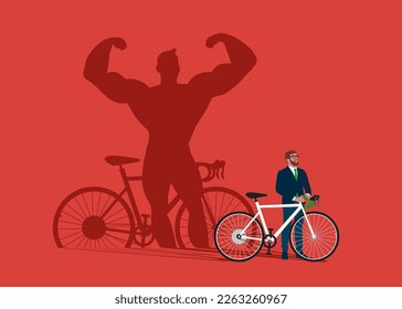 Businessman with bike dreams of becoming a professional cyclist. Confident handsome young man standing bodybuilding and cyclist shadow concept illustration.