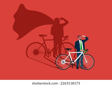 Businessman with bike dreams of becoming a superhero. Confident handsome young man standing superhero shadow concept illustration.