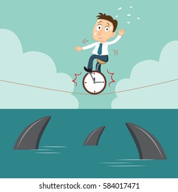 Businessman bike on bicycle wheel clocks, vector illustration cartoon