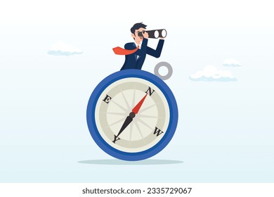 Businessman with binocular and compass, business compass guidance direction or opportunity, make decision for business direction, finding investment opportunity, leadership or visionary (Vector)