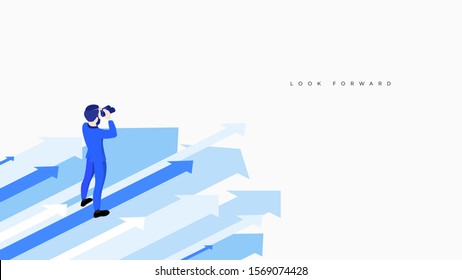 Businessman with binocular stand over arrows. Conceptual vector research and looking forward metaphor. Isometric business illustration.