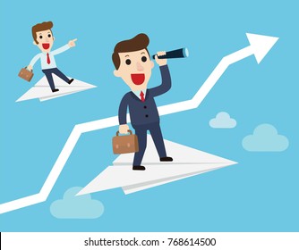 Businessman with binoculars and briefcase in hand flies on paper plane.
Business concept of vision. searching for new opportunity. Path to success.
 