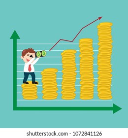 Businessman with binoculars climbing up money bar chart, success concept money