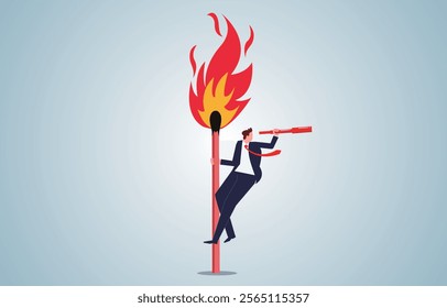  businessman with binoculars climbing on giant matches to look into the distance