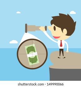 Businessman with binoculars looking for money,Vector cartoon business