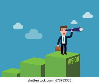 Businessman with binoculars looking to success while stands on a green graph with the text "vision".