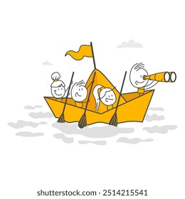 Businessman with binoculars manages origami ship sailing to lead business team. To lead business in crisis, to have leadership, goal, vision, teamwork.