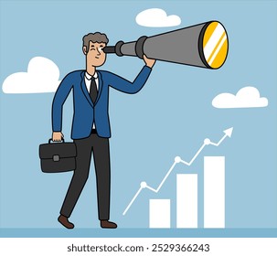 businessman with binoculars observing ideas, corporate illustration increasing bar graph, corporate achievements increase,  vision to discover new solution or idea