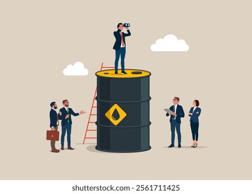 Businessman with binoculars on barrel oil. Vision plan and perspective. Investment, wealth management. Commodities price for trading and investment, Agriculture Rice, Crude oil. Vector illustration