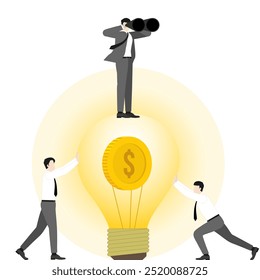 A businessman, with binoculars on a dollar coin in a lightbulb, the fusion of vision and finance. The importance of teamwork in navigating investment opportunities and achieving financial growth.