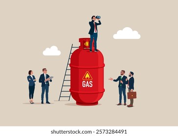 Businessman with binoculars on gas cylinder. Vision plan and perspective. Investment, wealth management. 
Gas price for trading and investment. Used for various industries. Flat vector illustration