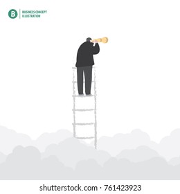 Businessman binoculars on the ladder with cloud in the sky on white background illustration vector. Business concept.