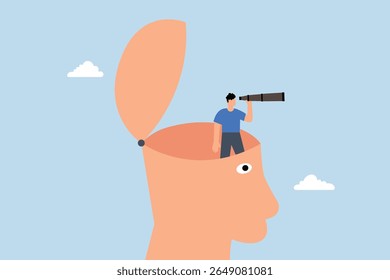 businessman with binoculars opens his head above cloudy storm to get clear view.
