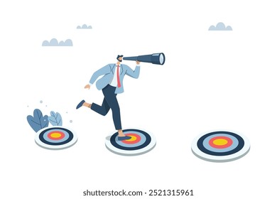 Empresário com binóculos correndo após o dartboard conquistando o sucesso na consecução de metas, visão de conquista de sucesso, esforço para definir metas para alcançar o sucesso, ilustração de design de vetor.
