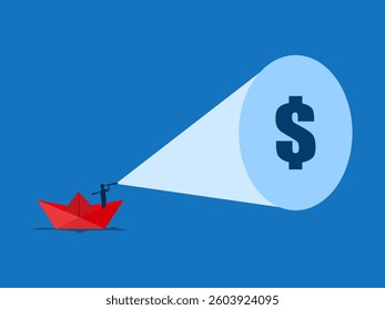 Businessman with binoculars sailing on paper boat finds money