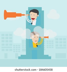 Businessman with binoculars spying on competitors 