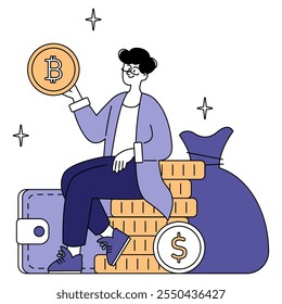 Hombre de negocios con concepto de Bitcoin. Figura masculina segura de sí misma examinando un Bitcoin, que simboliza las estrategias de inversión digital. Crecimiento de la moneda digital, tecnología financiera. Ilustración vectorial.