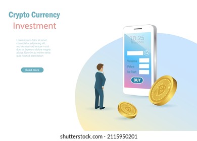 Businessman with bitcoin crypto currency digital stock trading application on smart phone. Bitcoin investment, defi decentralized finance concept. Crypto digital money stock market platform.
