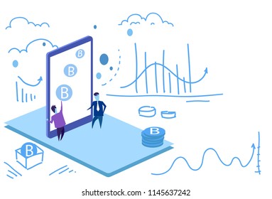 businessman bitcoin crypto currency mobile application interface mining concept business man hard working process virtual sketch doodle vector illustration